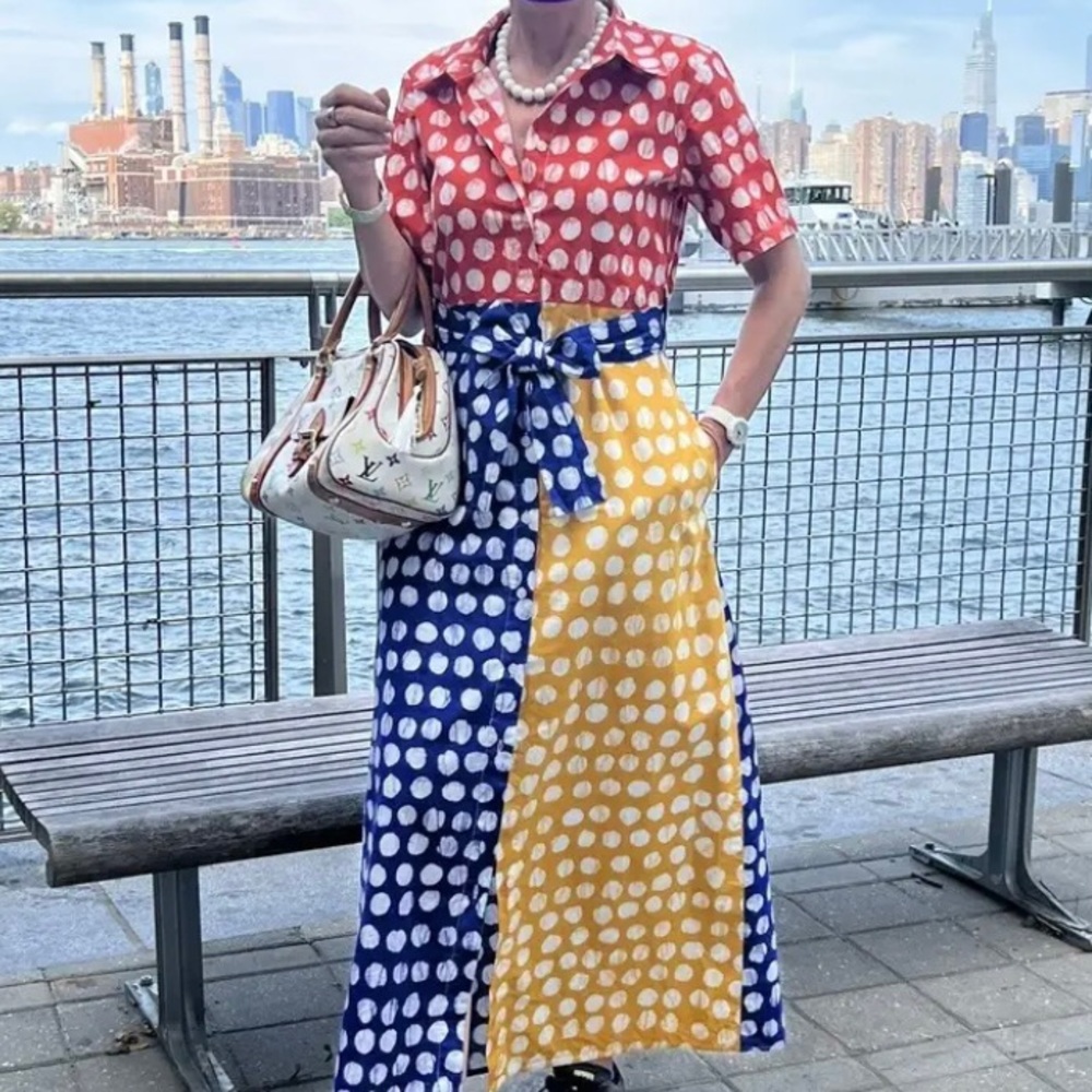 Busayo Collective Color-block Dot Shirt Maxi Dress Button Short Sleeve - Size 4 - Picture 14 of 14